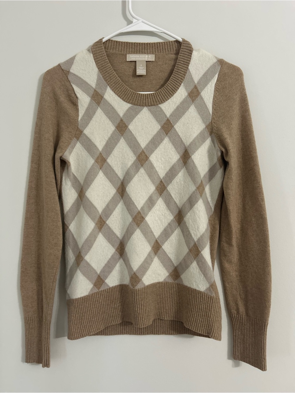 Banana Republic Women Merino Wool Cashmere Round Neck Long Sleeve Brown White S